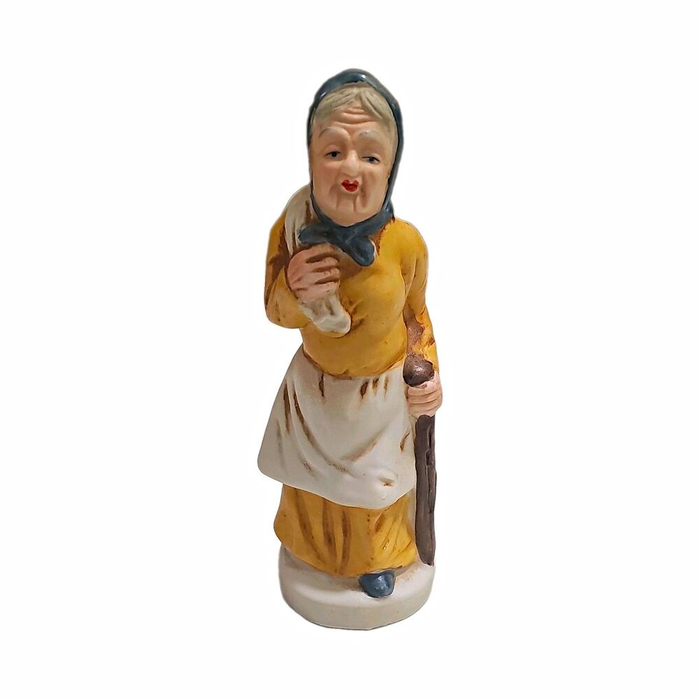 Vintage Ceramic Elderly Woman Figurine Headscarf & Bag Multicolor Collectible